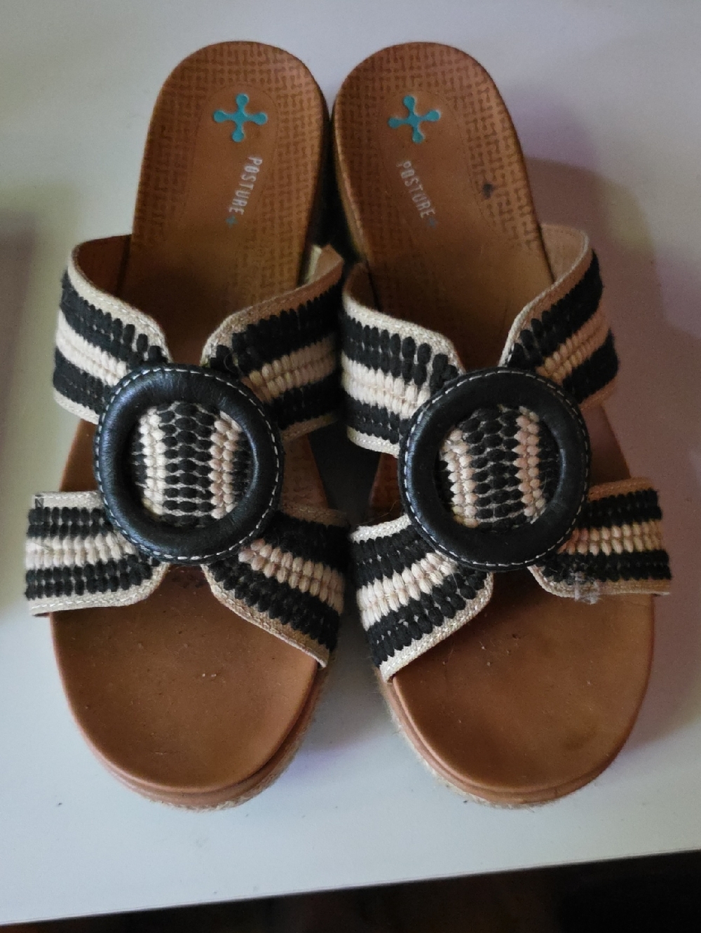 Posture Black & Cream Striped Woven Slide Sandals with Decorative Buckle